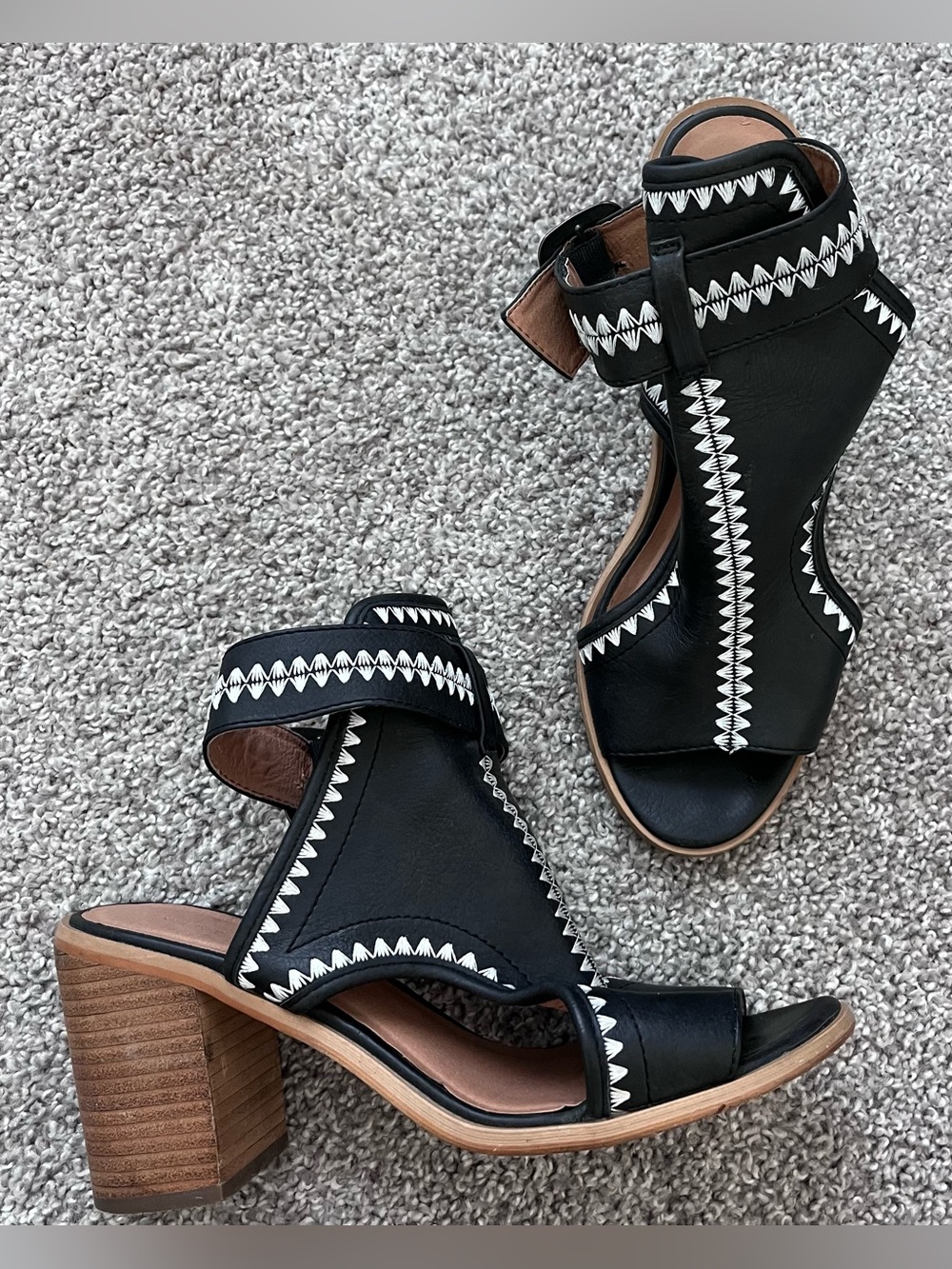 Very Volatile Black Heeled Sandals with White Zigzag Stitching